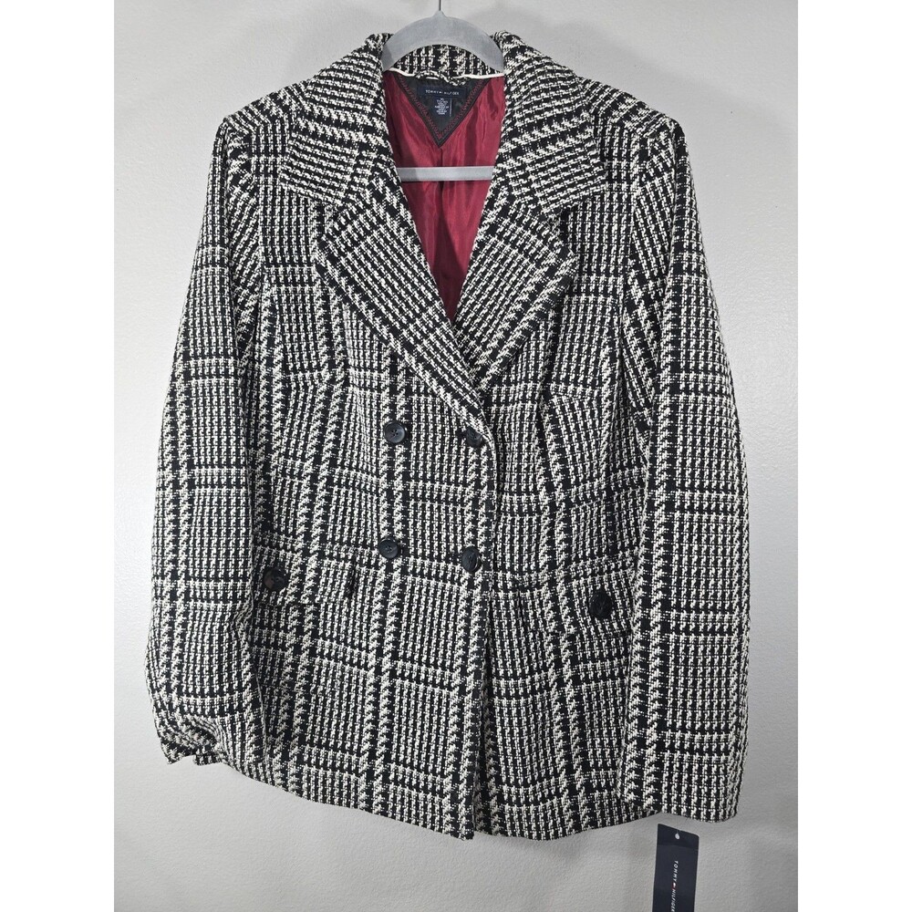 TOMMY HILFIGER Black White Double Breasted Wool Sz XXL Houndstooth Pea Coat BX